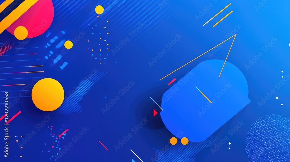 Poster Colorful geometric shapes and lines on blue background with copy space for text. Modern abstract design in vibrant colors.