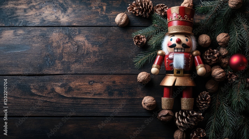Aufkleber christmas nutcracker figurine surrounded by pine cones walnuts and evergreen branches on wooden surf