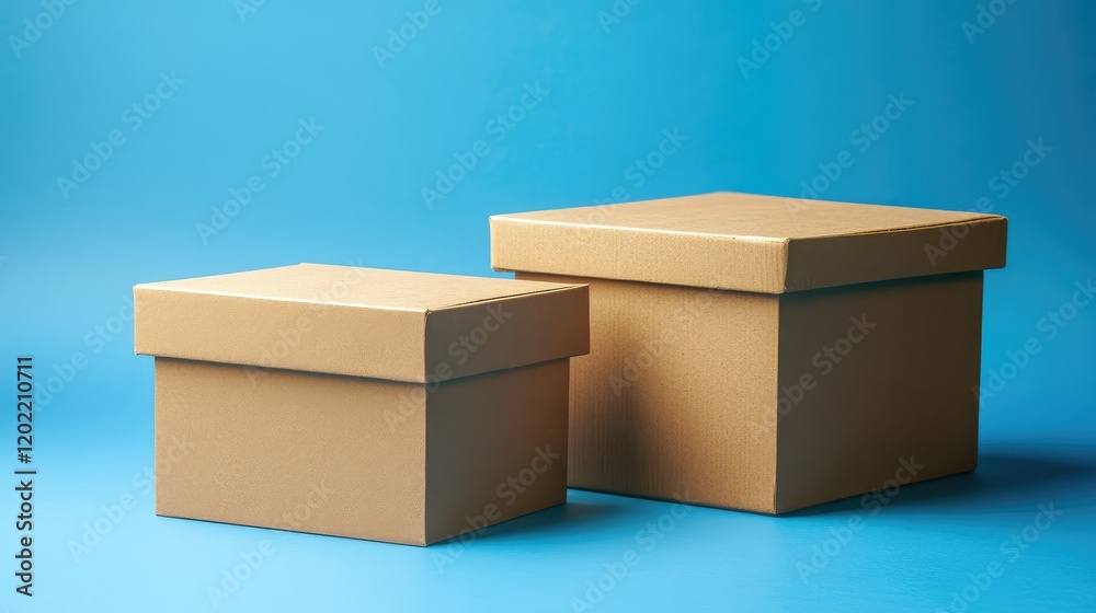 Leinwandbilder cardboard storage boxes in varying sizes on a blue background with copy space for text placement