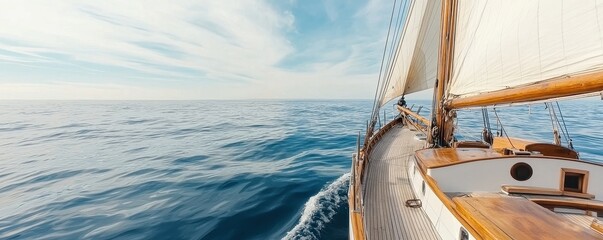 A serene view of a sailboat gliding over calm blue waters under a clear sky, capturing the essence of maritime adventure and tranquility.