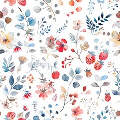 Seamless pattern with watercolor strawberry floral drawing abstract illustration on white background