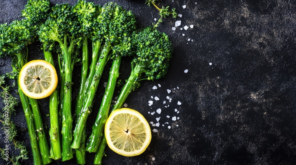 Poster fresh broccolini and lemon slices on a dark surface with sea salt and herbs, with copy space for tex