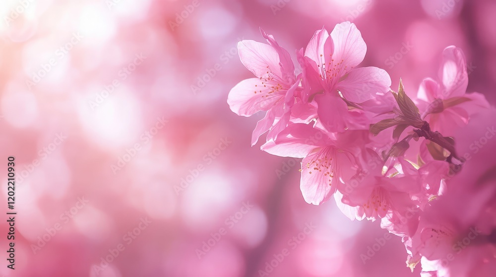 Poster cherry blossom flowers in soft pink hues with blurred background and copy space for text usage.