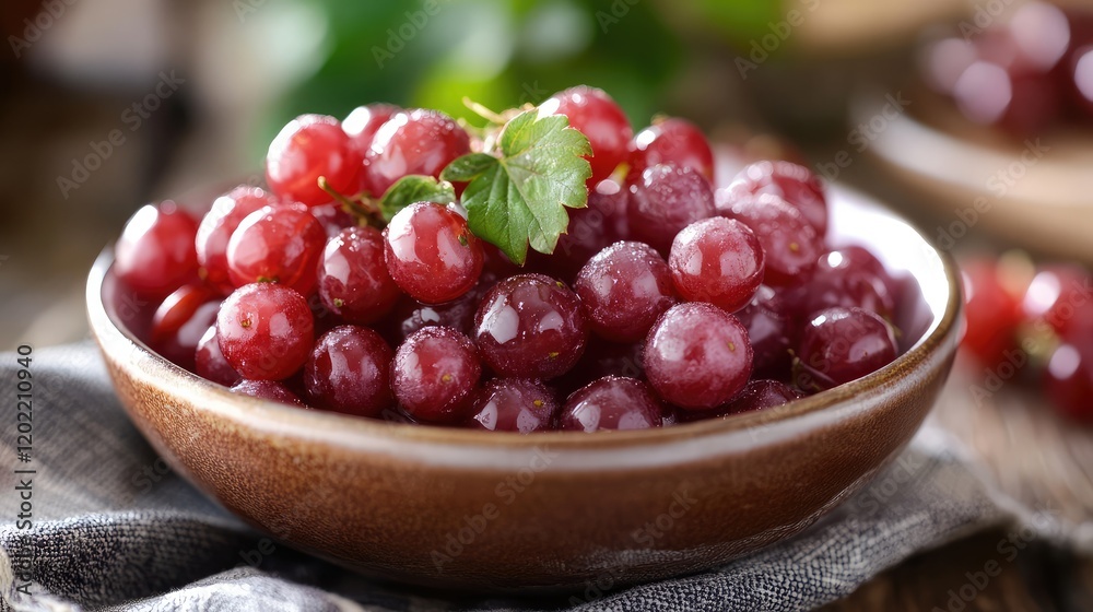 Aufkleber fresh red grapes in a brown bowl on a rustic wooden table with green leaves in the background and co