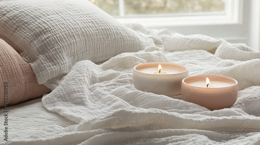 Poster cozy bedroom setting with two lit candles on a crumpled white blanket and soft pillows near a window
