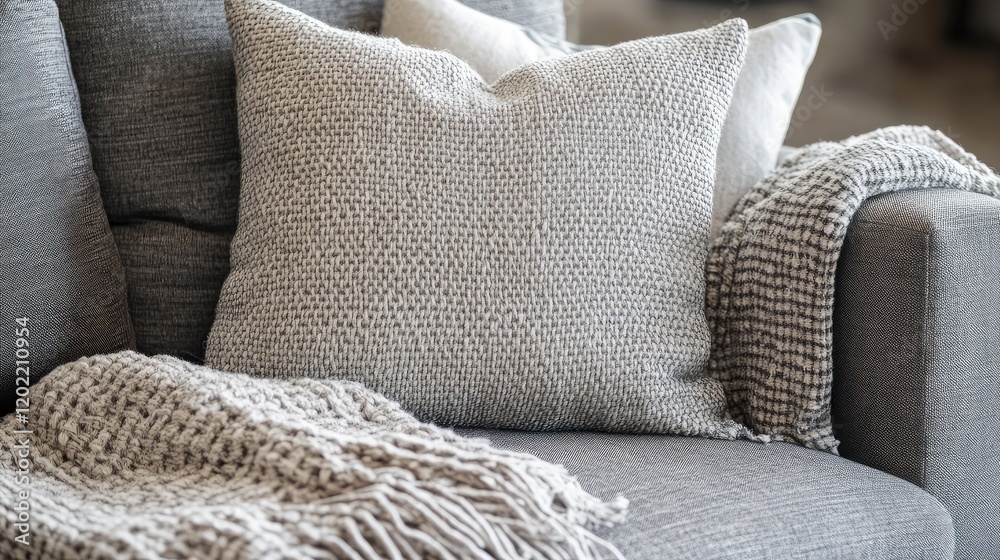 Aufkleber textured gray throw pillow on a gray sofa with a knitted blanket and additional decorative pillows v