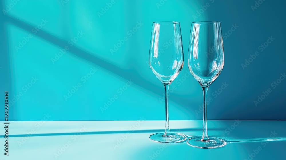 Aufkleber Two elegant empty wine glasses on a turquoise background with soft shadows and copy space for text insertion