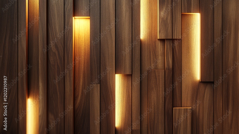 Aufkleber Contemporary wooden wall with illuminated insets and Copy Space for text usage