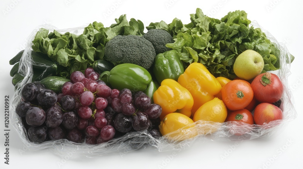 Poster fresh assorted vegetables and fruits in plastic packaging with copy space for text