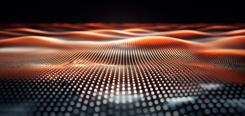 A digital landscape featuring dynamic waves of light and texture, with a gradient of warm colors over a dotted surface.