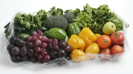Fresh assorted vegetables and fruits in plastic packaging with copy space for text