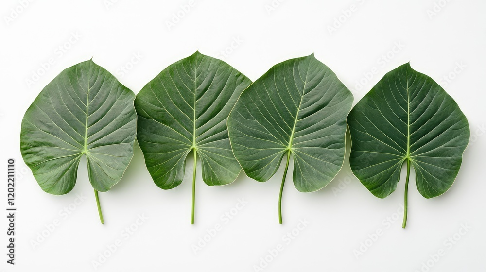 Poster Four green heart-shaped leaves arranged in a row on a white background with ample Copy Space.
