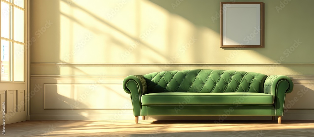 Poster green tufted sofa in softly lit room with hardwood floor and empty picture frame on the wall copy sp