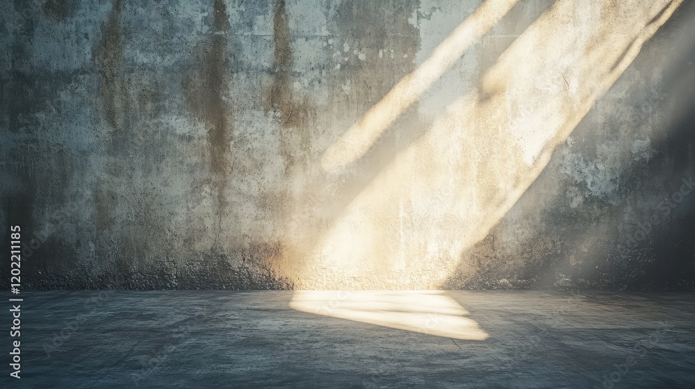 Poster concrete wall with sunlight beams casting shadows on floor in empty room copy space