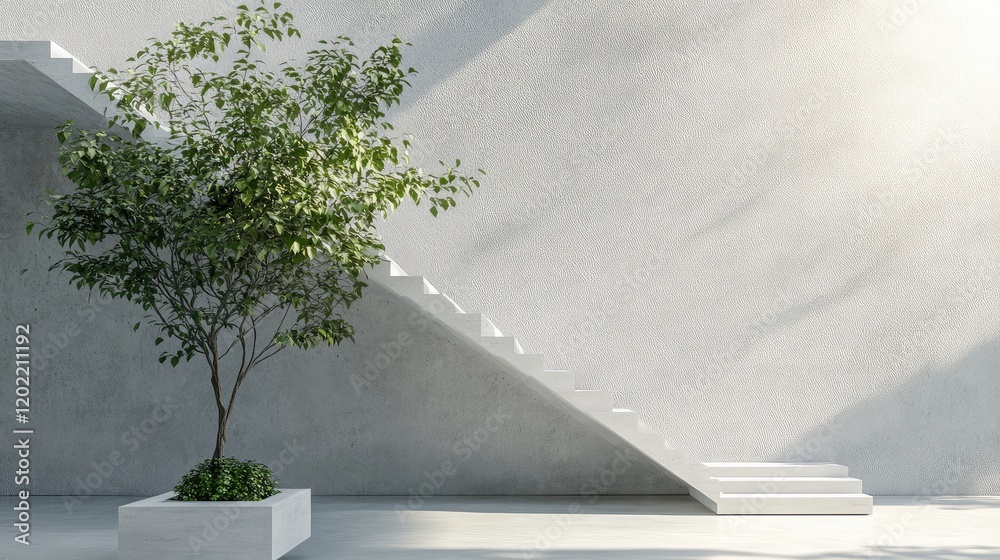Poster modern interior with staircase and potted tree in minimalistic design featuring soft lighting and am