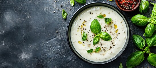 Creamy soup in black bowl garnished with fresh basil leaves on dark stone background with copy space for text