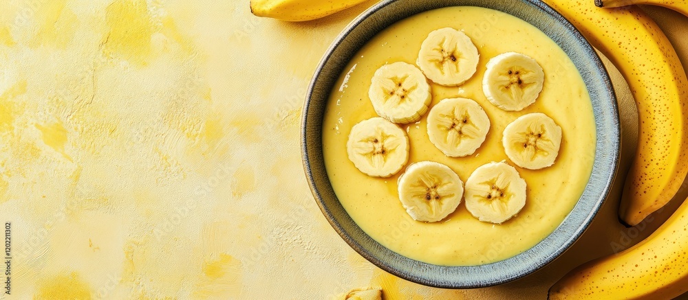 Poster banana smoothie bowl topped with sliced bananas on yellow background with copy space