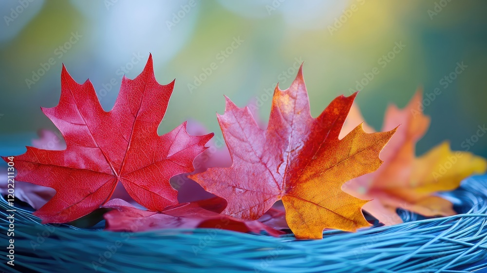 Leinwandbilder colorful maple leaves in shades of red and orange placed on a textured blue background with copy spa