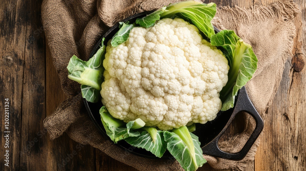 Aufkleber fresh cauliflower head placed on leafy greens in a cast iron skillet on a wooden table with burlap f