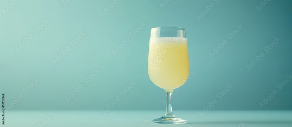 Poster mimosa cocktail in a tall glass on a blue background with copy space for text addition