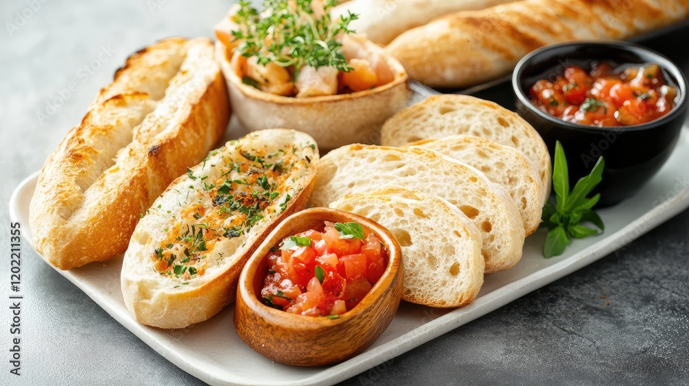 Poster Assorted gourmet bread with toppings including bruschetta and a side of tomato salsa on a rectangular plate with copy space