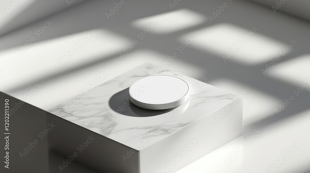 Poster Minimalist marble surface with circular object and soft natural light casting shadows Copy Space