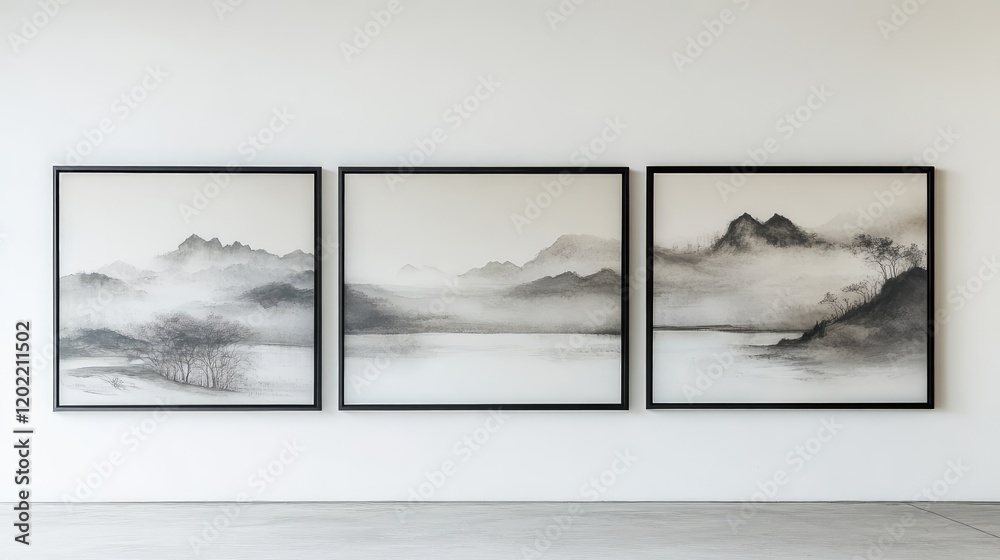 Poster Abstract landscape artworks displayed in three black frames on a minimalist gallery wall with ample Copy Space.
