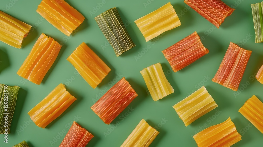 Poster Colorful pasta shapes scattered on a green background with ample copy space for text placement