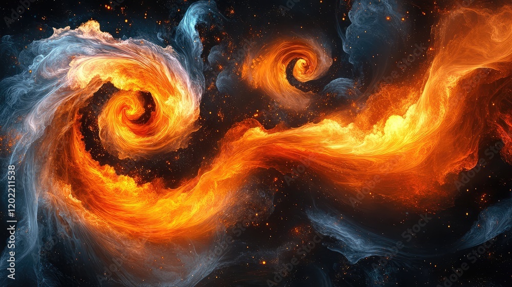 Poster colorful swirling cosmic nebula with orange and blue gas clouds against a dark background featuring 