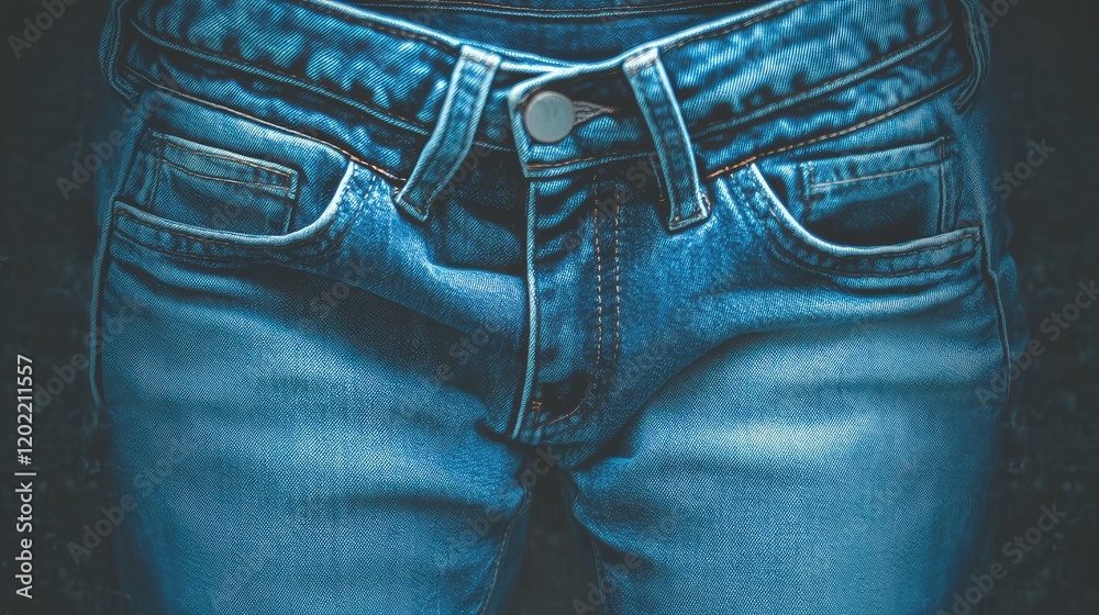 Poster close-up of blue denim jeans with a button and pockets against a dark background copy space