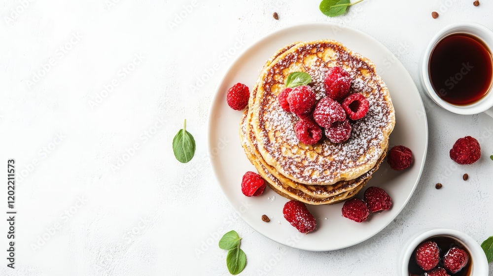 Poster fluffy pancakes topped with fresh raspberries and powdered sugar on a white plate with syrup and min