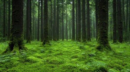 Naklejka premium Misty Green Forest Path Lush moss, tall trees, tranquil atmosphere, ideal for nature themes
