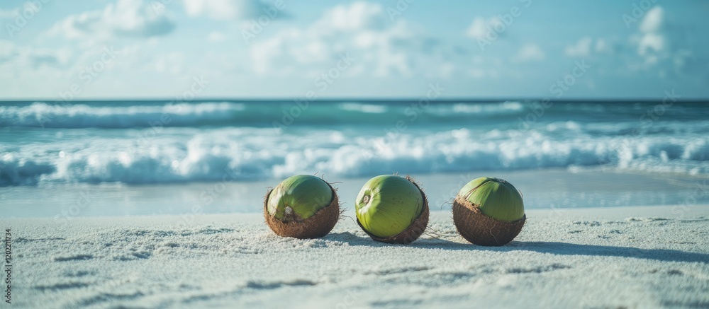 Aufkleber coconuts on sandy beach with ocean waves in background copy space