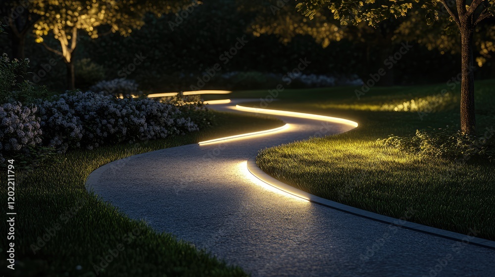 Poster illuminated garden path at night with soft lighting and lush greenery in tranquil outdoor setting co
