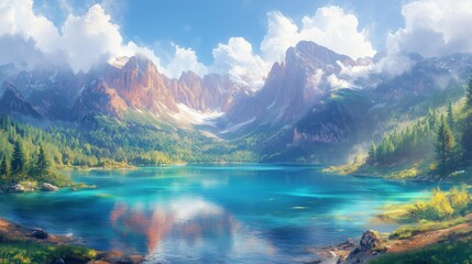 Majestic mountain landscape with vibrant blue lake and lush greenery under a clear sky