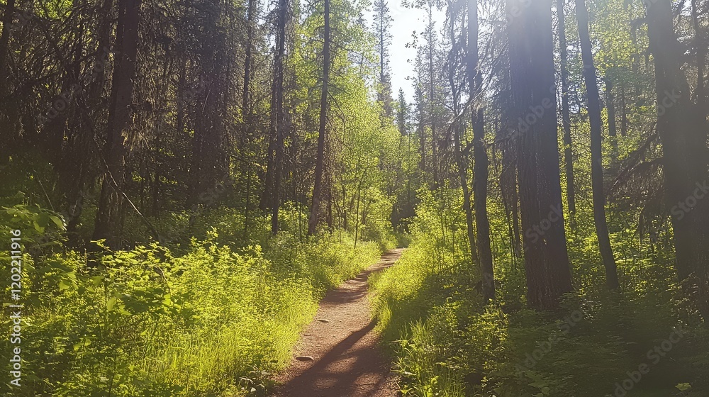 Aufkleber Winding forest path through lush green foliage and tall trees with sunlight filtering through the branches Copy Space