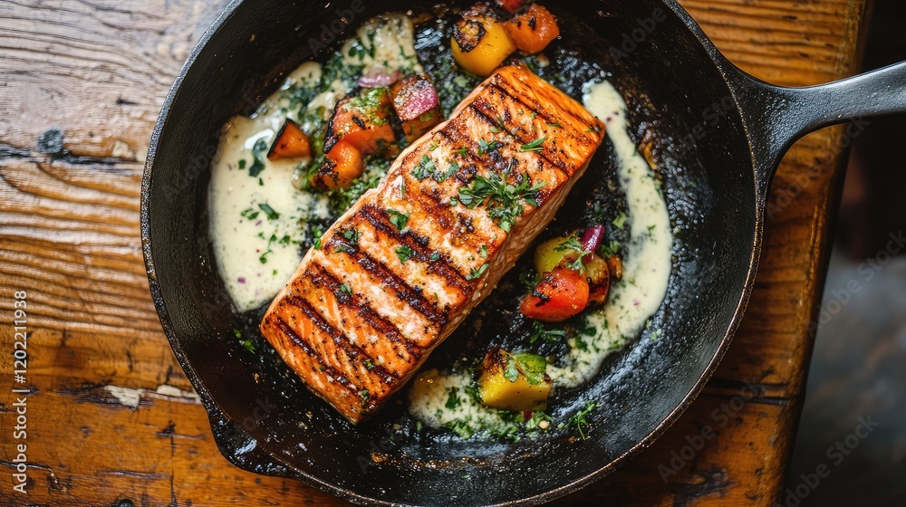 Poster grilled salmon fillet served in cast iron skillet with colorful vegetables and cream sauce on rustic