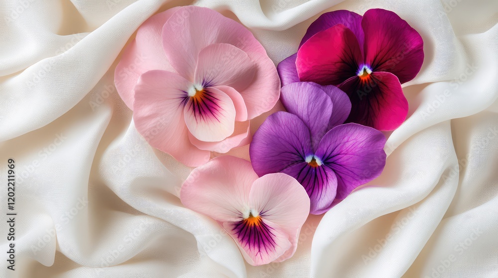 Aufkleber colorful pansy flowers arranged in a heart shape on soft white fabric with copy space for text place