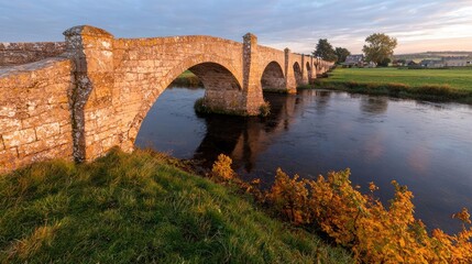 Fototapeta premium Ancient stone bridge spanning river at sunrise, serene countryside background, ideal for travel brochures