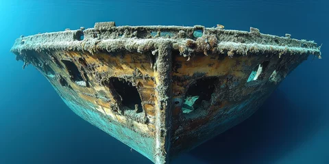 Selbstklebende Fototapeten The outline of a sunken ship rests in deep ocean sediment, highlighting its intricate structure. © Ihor