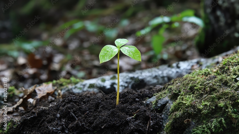 Poster young plant sprouting from dark, rich soil in a forest setting with soft focus background. copy spac