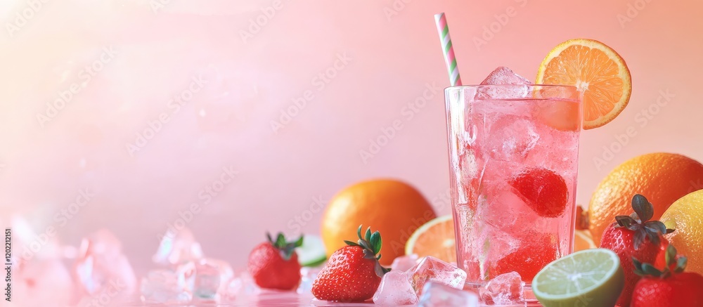 Poster refreshing fruit cocktail with strawberries oranges and lime on a pink background with ice copy spac