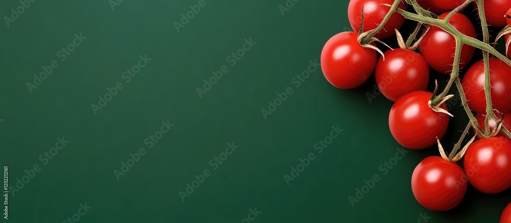 Poster fresh cherry tomatoes on vine with deep green background and copy space for text placement