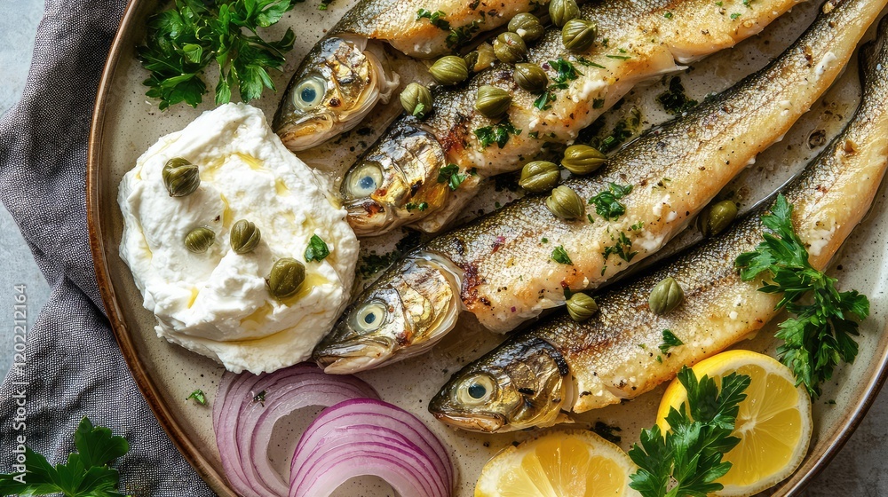 Poster Grilled fish platter with herbs lemon capers and creamy dip on a rustic plate with copy space for text