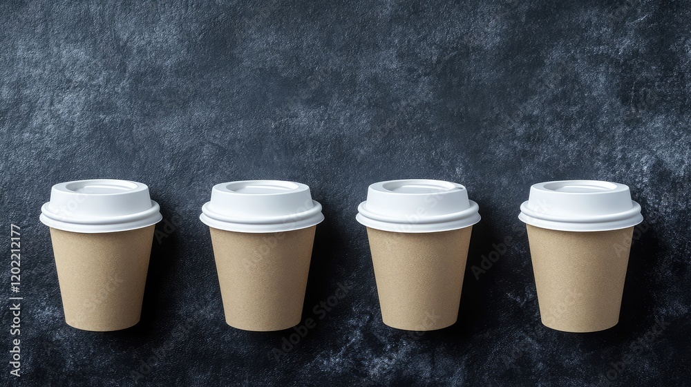 Aufkleber Four disposable coffee cups with white lids arranged horizontally on a textured gray background with Copy Space.
