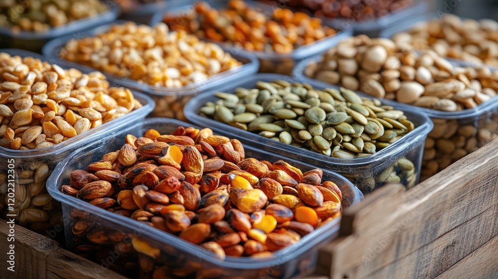Poster variety of nuts and seeds in transparent containers on wooden display copy space