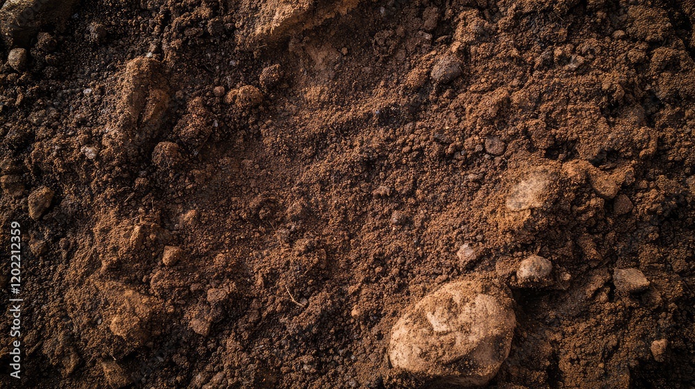 Aufkleber Texture of dark soil with pebbles and small rocks detailed close-up with Copy Space for text placement
