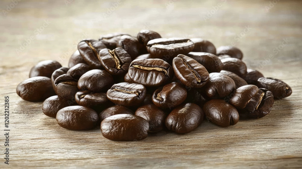 Poster close-up of roasted coffee beans on a wooden surface with copy space for text or branding