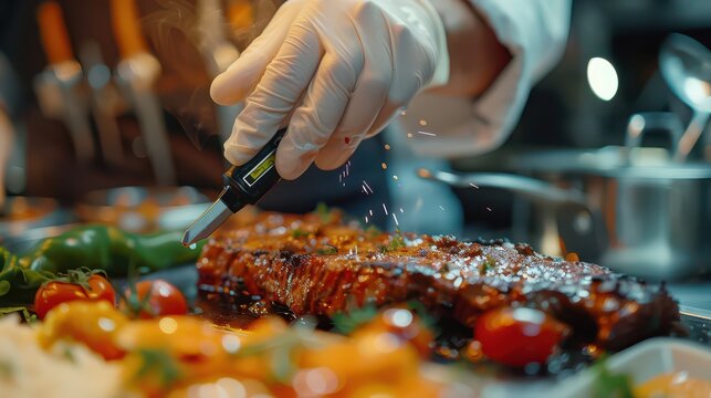 Close-up of a chef wearing gloves and using a digital thermometer to check food temperature in a restaurant kitchen. 