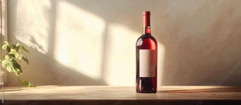 Aufkleber Red wine bottle on wooden table with natural light and soft shadows, minimalist style and Copy Space for text placement.